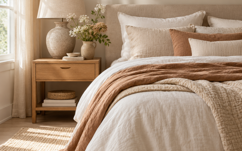A restful neutral bedroom with soft linen bedding and warm wood accents.
