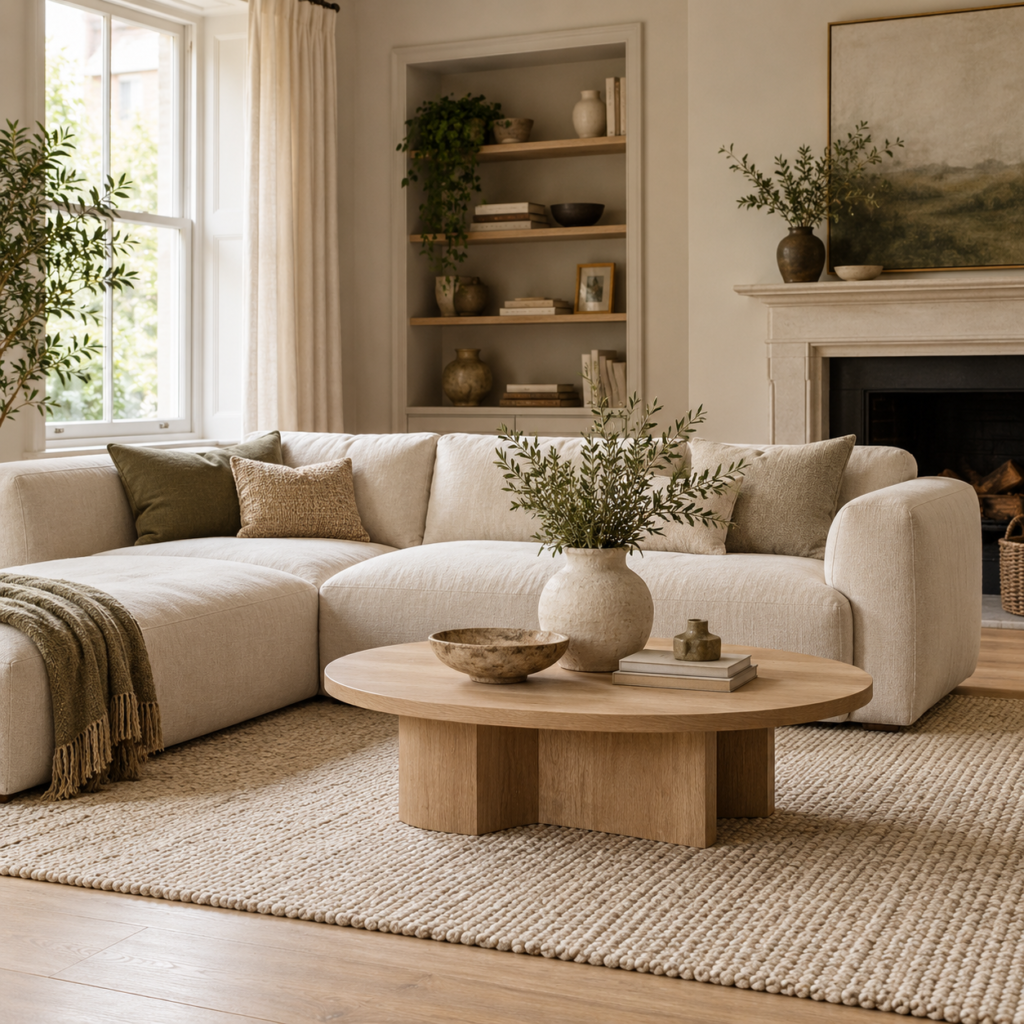 A calm living room with a linen sofa, warm wood furniture and natural textures.