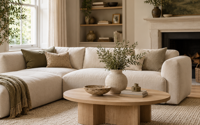 A calm living room with a linen sofa, warm wood furniture and natural textures.