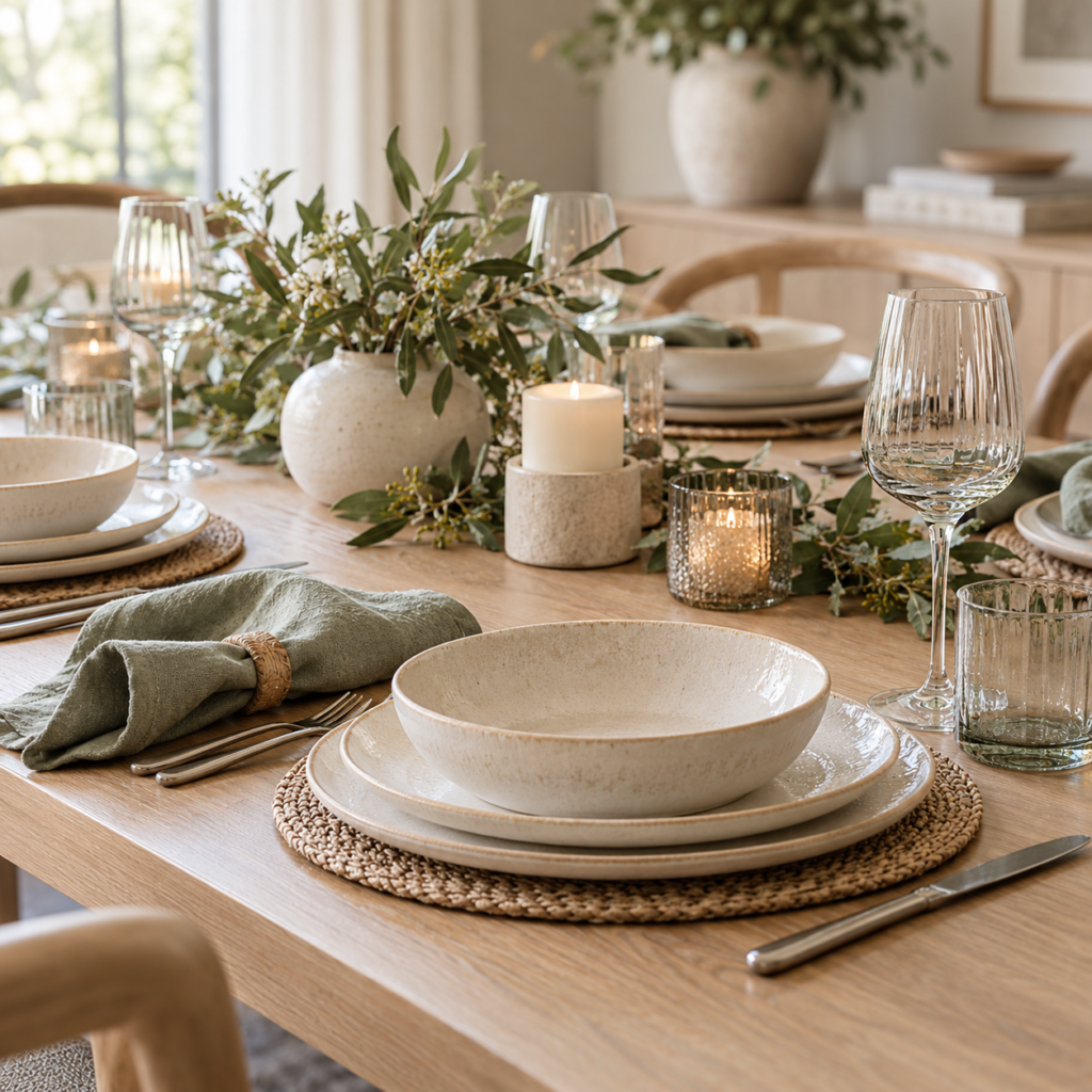Neutral ceramic tableware arranged on a welcoming dining table.