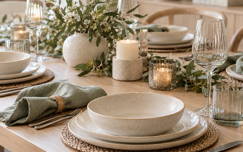 Neutral ceramic tableware arranged on a welcoming dining table.