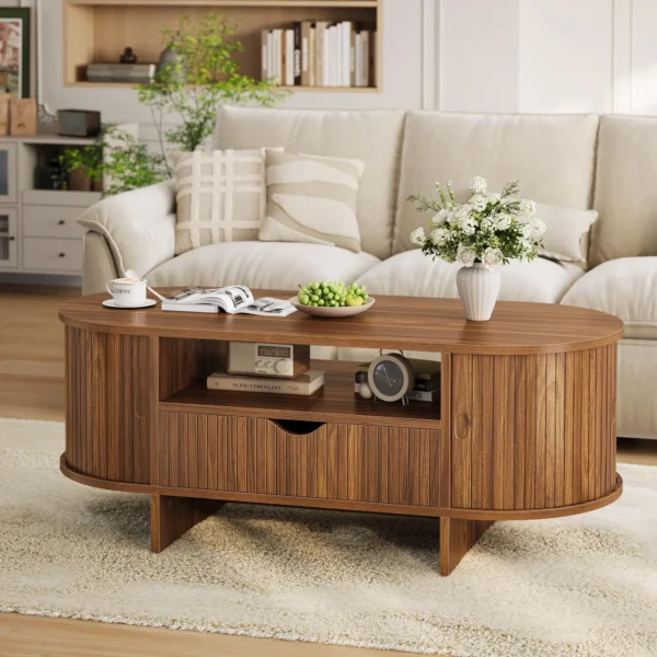 Oval Coffee Table with Drawer and Cabinet Storage