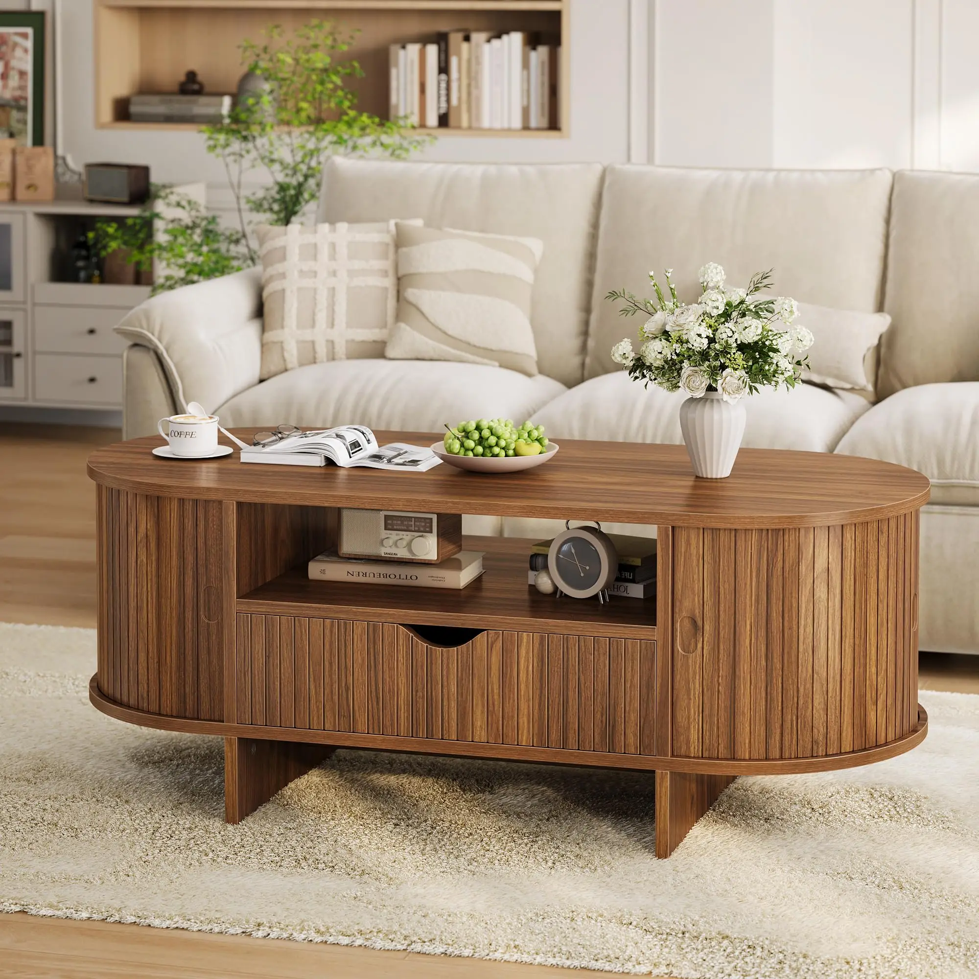 Oval Coffee Table with Drawer and Cabinet Storage